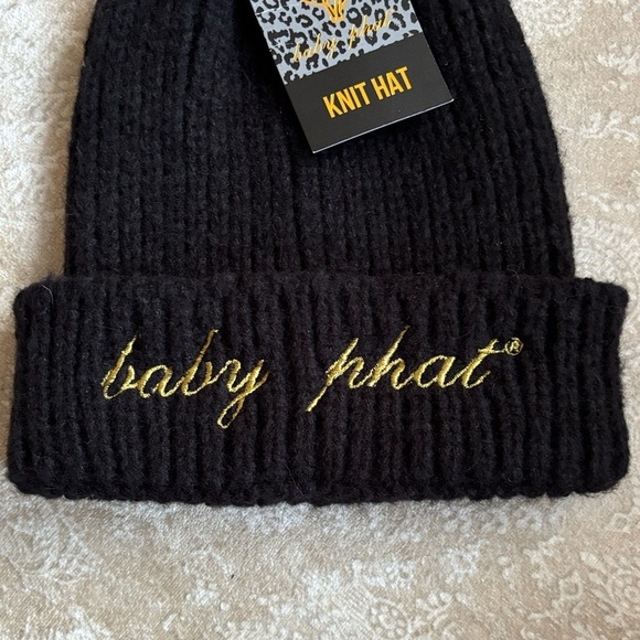 Brand New Baby Phat Black Knit Faux Fur Pom Hat Gold Metallic Embroidery Cuffed main image 6